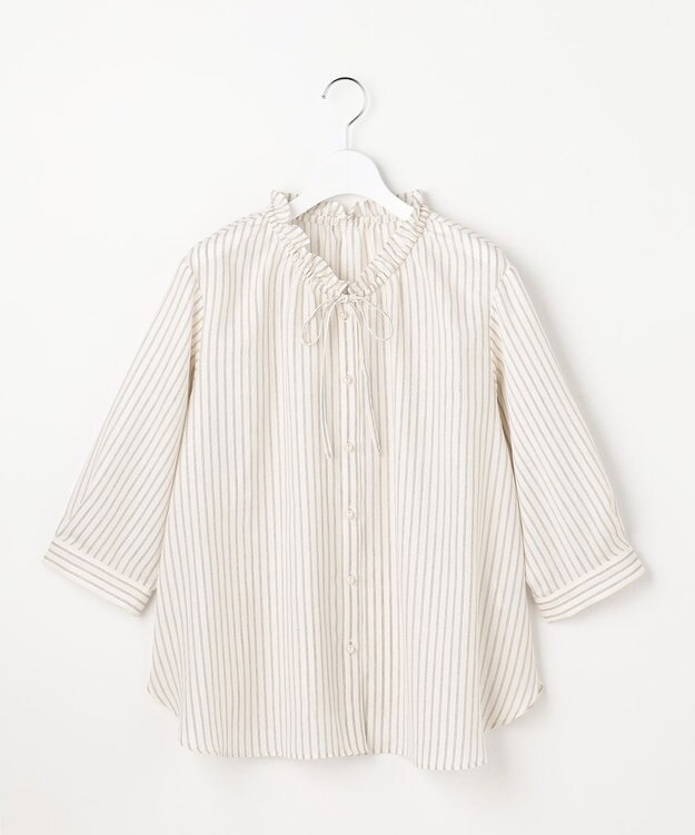 ANY SIS L 【2WAY】スムージーポリエステル フリルネック ブラウス オフストライプ