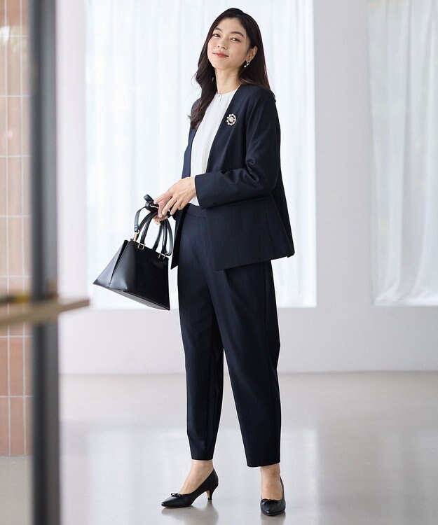 ANY L イージーケアライトストレッチノーカラージャケット ネイビー