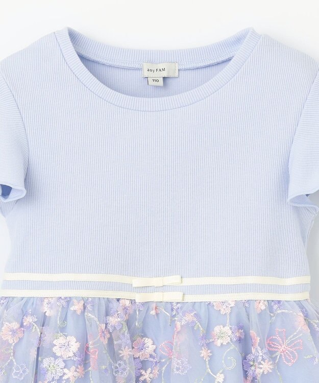 ANY KIDS 刺繍 チュール ワンピース サックスブルー