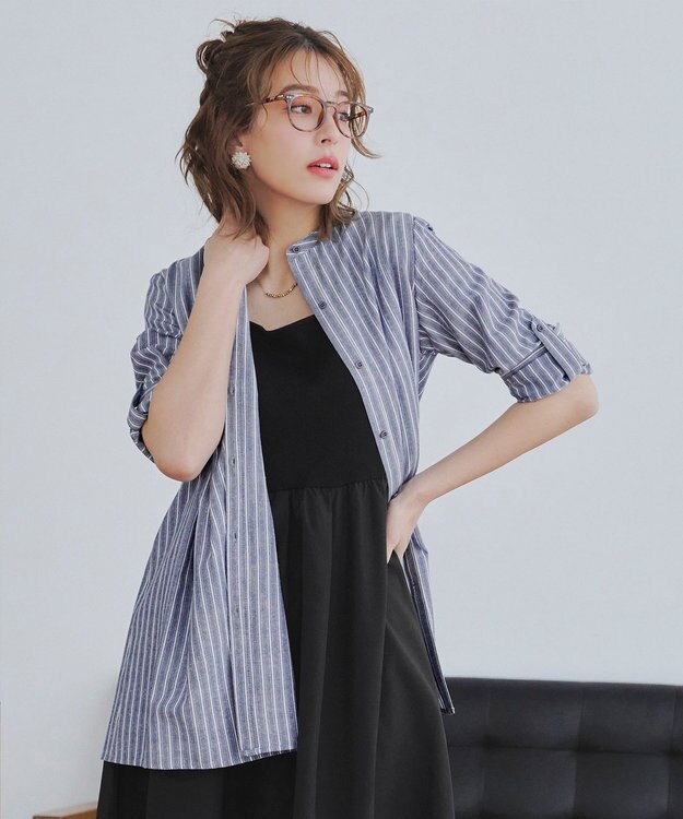 Tiaclasse 【新色追加・洗える】バンドカラーシャツチュニックブラウス ネイビーストライプ