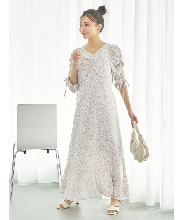 earth music&ecology 袖ドロストフラワーワンピース Pink