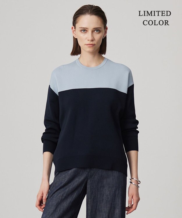 ICB 【WEB限定カラーあり・洗える】コットンポリエステルスムース  ニットプルオーバー サックスブルー×ネイビー系［WEB限定］