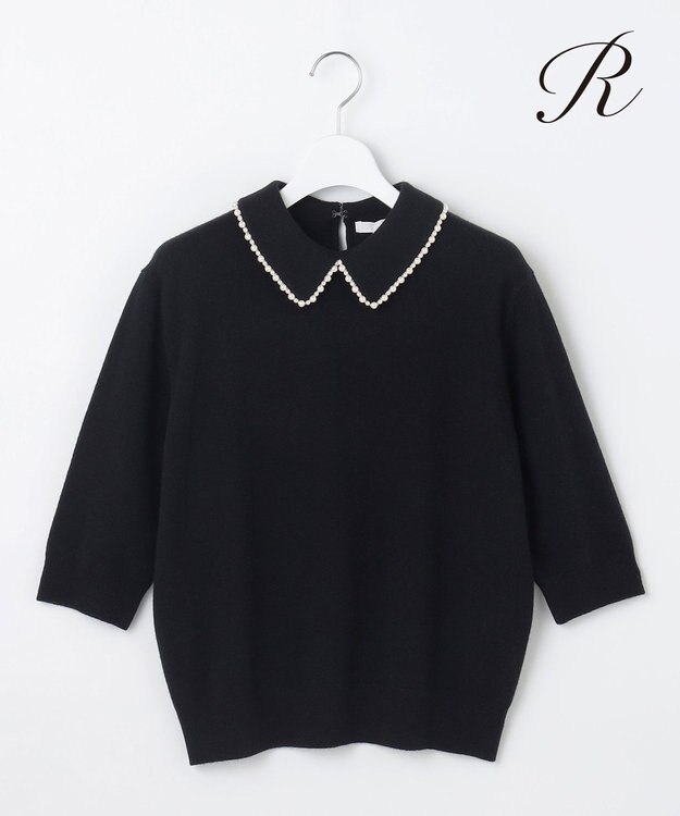 23区 【R(アール)】ウールカシミヤ パールトリム 襟付き五分袖ニット ブラック系