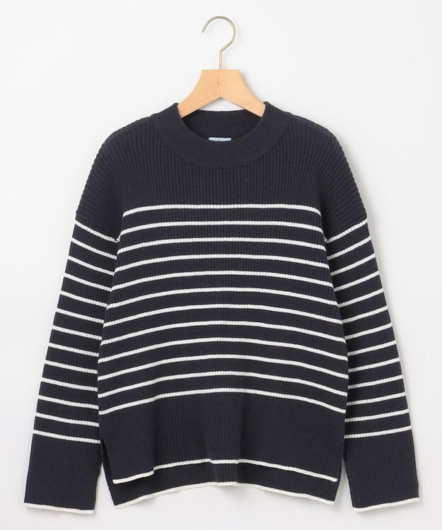 組曲 L 【WEB限定】ハイネック ゆるボーダーニット ネイビー×オフ系1