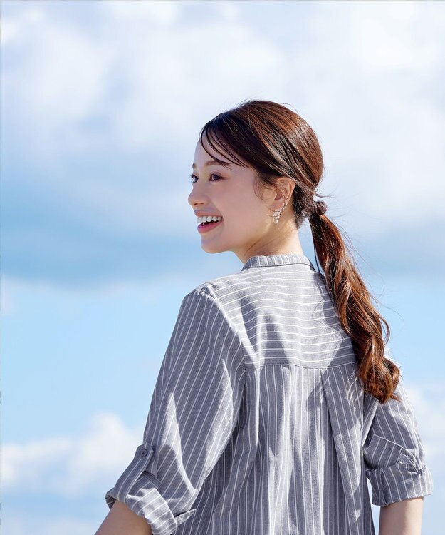 Tiaclasse 【新色追加・洗える】バンドカラーシャツチュニックブラウス ネイビーストライプ