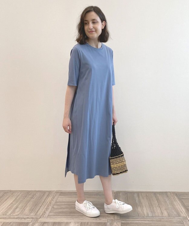 自由区 【洗える】リラックスジャージー クルーネックワンピース ダルブルー系