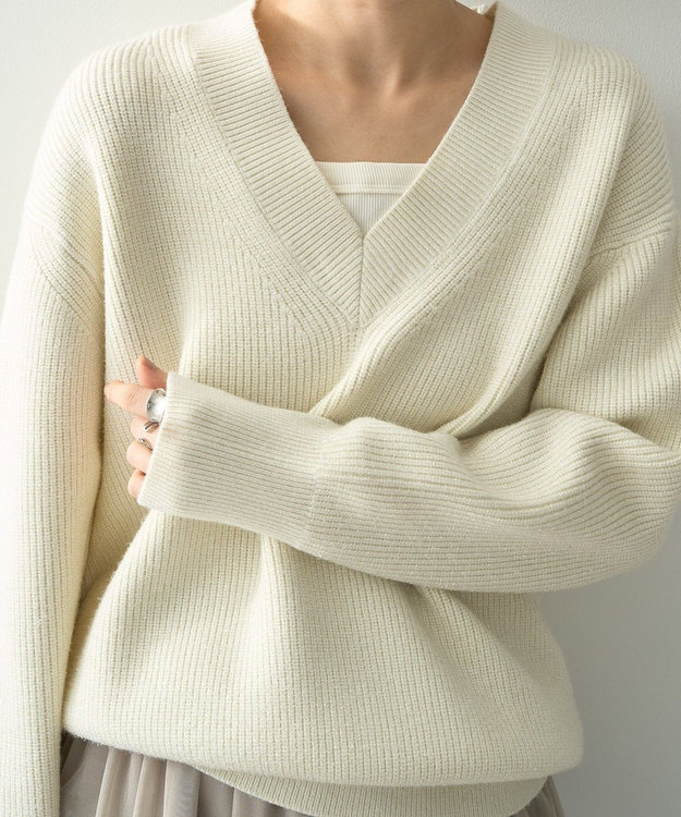 AMERICAN HOLIC ラメ入りＶネック片畦ニットプルオーバー Ivory