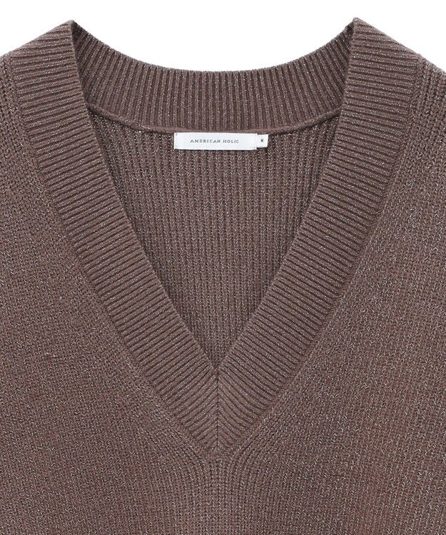 AMERICAN HOLIC ラメ入りＶネック片畦ニットプルオーバー Mocha