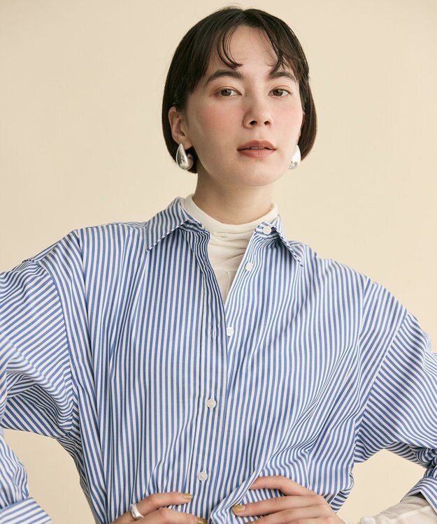 #Newans 【洗濯機可】ロールアップカフスシャツ ブルーストライプ