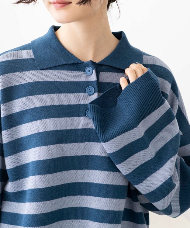 WEGO ボーダーニットポロ ブルーボーダー