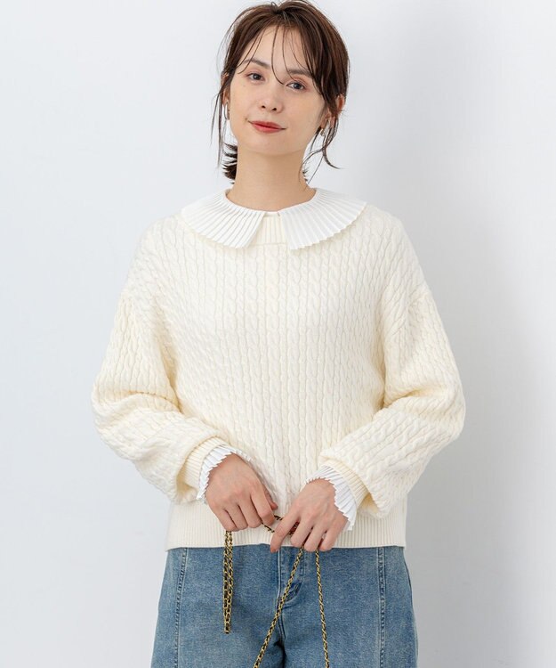 組曲 L 【加藤ローサさん着用】コットンカシミヤMIX ケーブル ニット アイボリー系