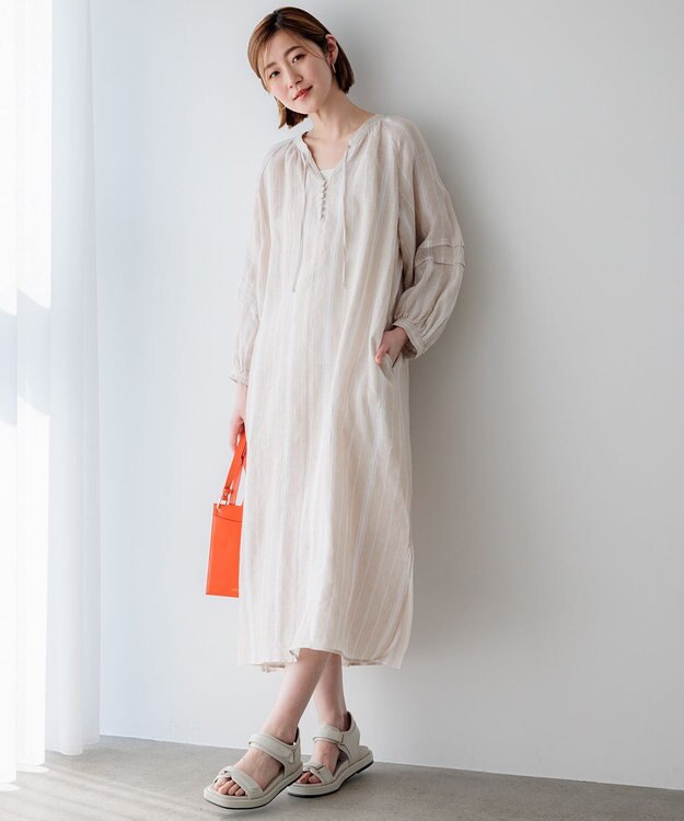 23区 L 【洗える】LIBECO カフタン ワンピース ベージュ×オフストライプ
