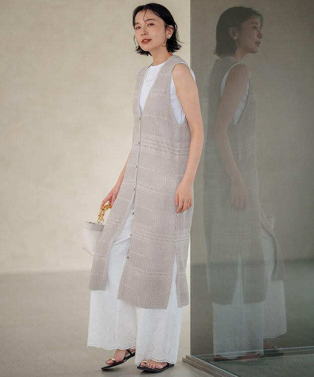 23区 L レーシーパターン ロングジレ ニット ベージュ系