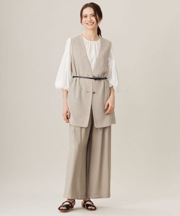 自由区 L 【ウエストゴム・洗える】エアリーツイルワイド パンツ ベージュ