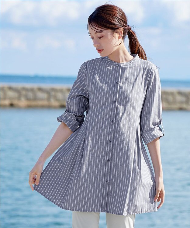Tiaclasse 【新色追加・洗える】バンドカラーシャツチュニックブラウス ネイビーストライプ