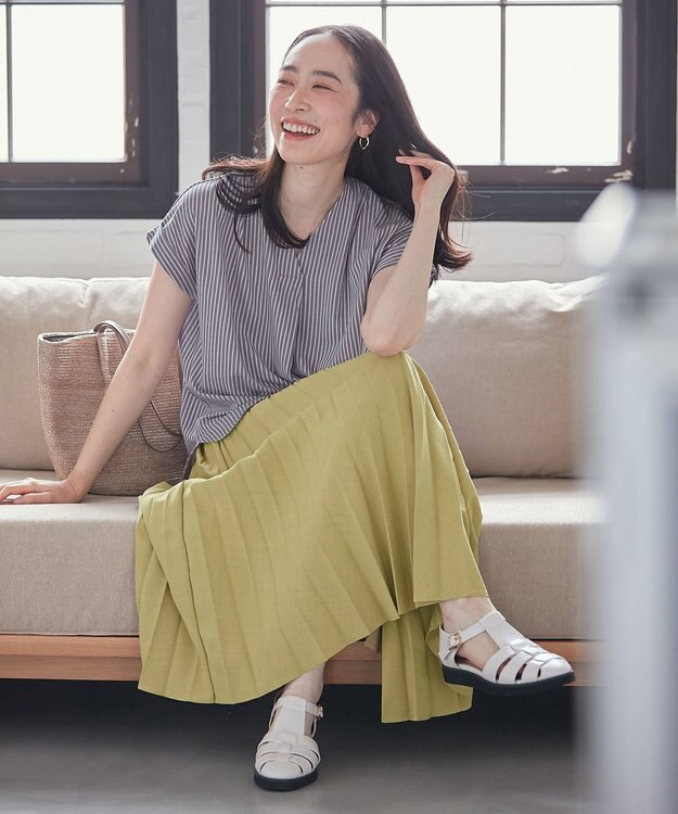 ANY 【ウエストゴム】リネンライクエアーヴィンテージ プリーツスカート イエローグリーン