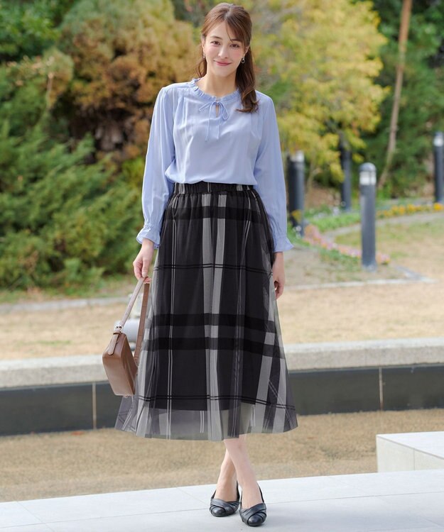 Tiaclasse フリルリボンブラウス サックス