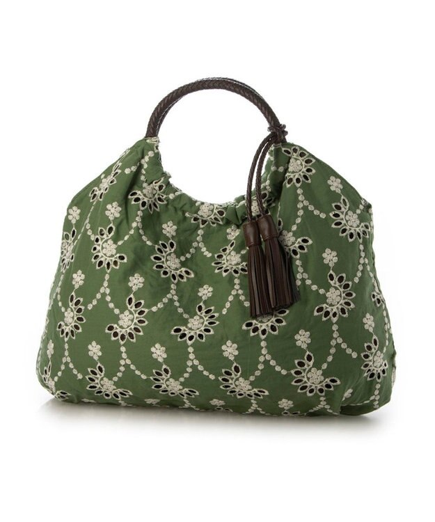 UNBILLION カシュカシュ cachecache / 花刺繍メッシュハンドルトートバッグ カーキ