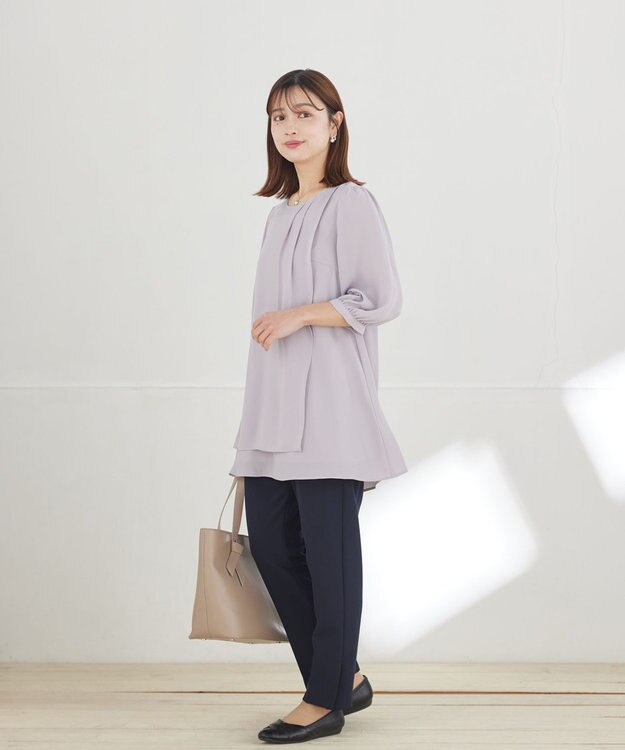 Tiaclasse L 【ストレッチジョーゼット】スリットテーパードパンツ ネイビー