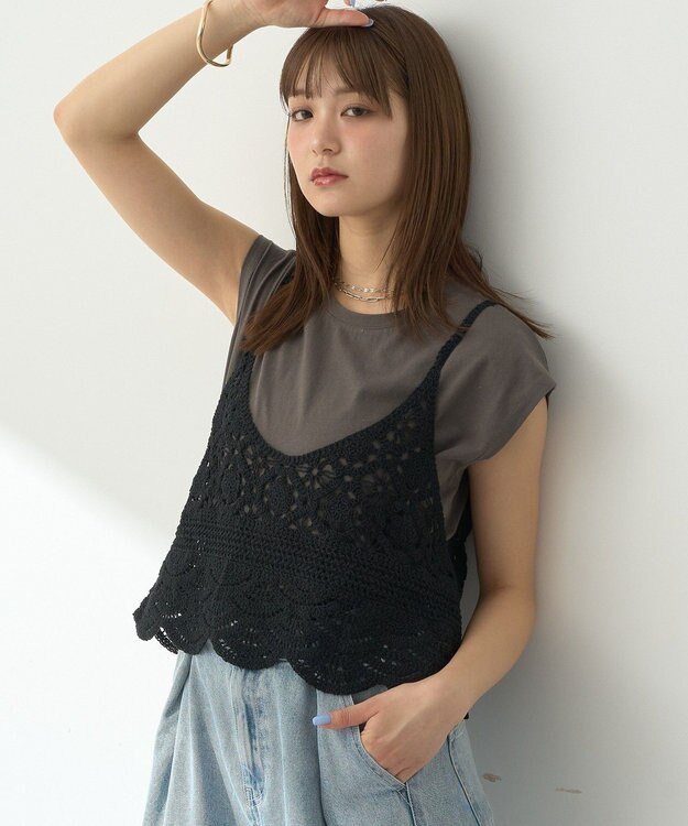 earth music&ecology ＳＥＴ２点　クロシェキャミ＋ノースリーブプルオーバー Black