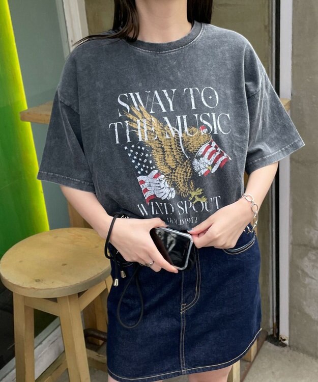WEGO 【綿100%】ヴィンテージウォッシュグラフィックTシャツ スミクロ