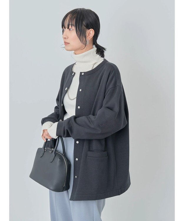 Green Parks 裏起毛ミディ丈ドットボタンカーディガン Black