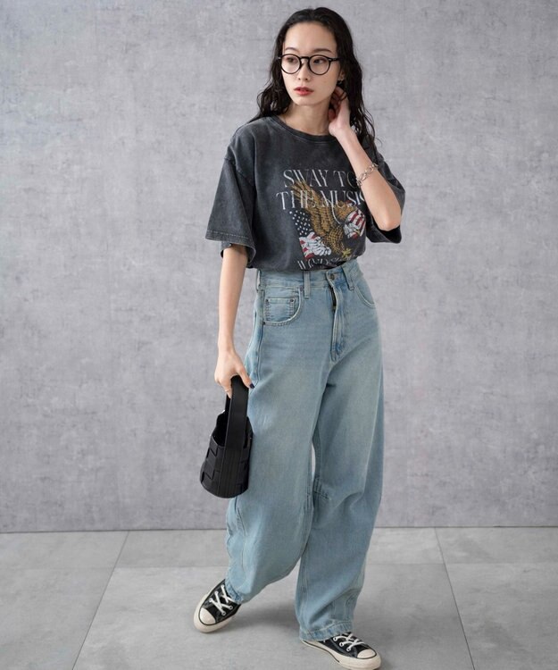 WEGO 【綿100%】ヴィンテージウォッシュグラフィックTシャツ スミクロ