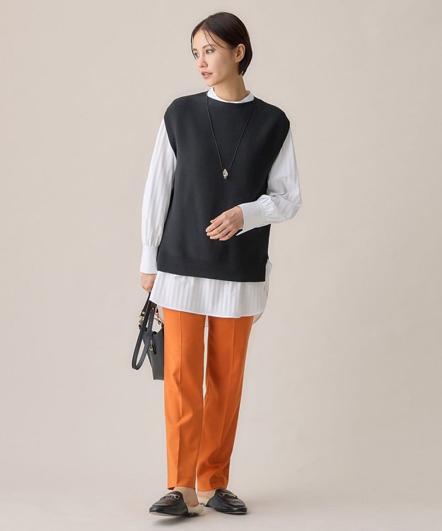 自由区 【洗える】ストレッチシャーティングスタンドカラーストライプ ブラウス アイボリー系1