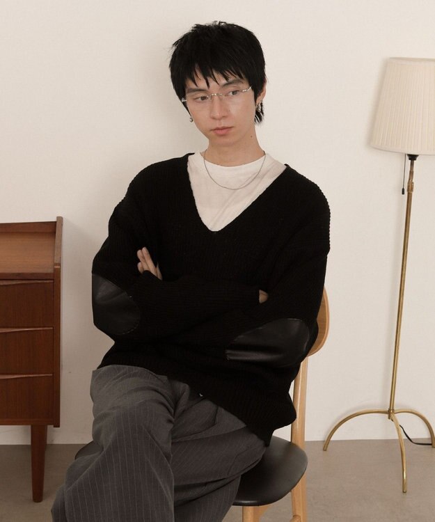 WEGO エルボーパッチVネックプルオーバー ブラック