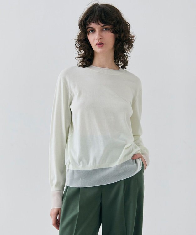 BEIGE， 【洗える】JULIE / シルク混クルーネックシアートップス Sage