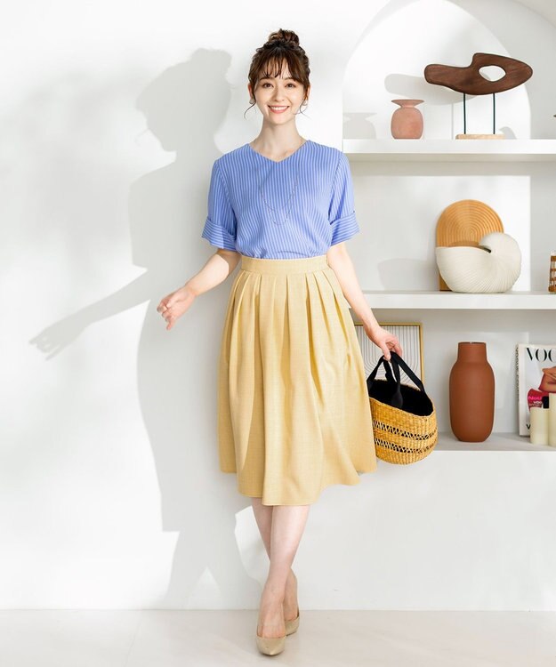 Tiaclasse 【洗える】体型カバーも叶う麻調フレアタックスカート イエロー