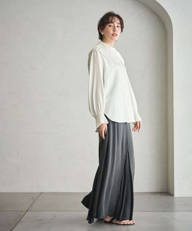 #Newans 【シワになりにくい/洗濯機可能】プリーツカラーブラウス ホワイト