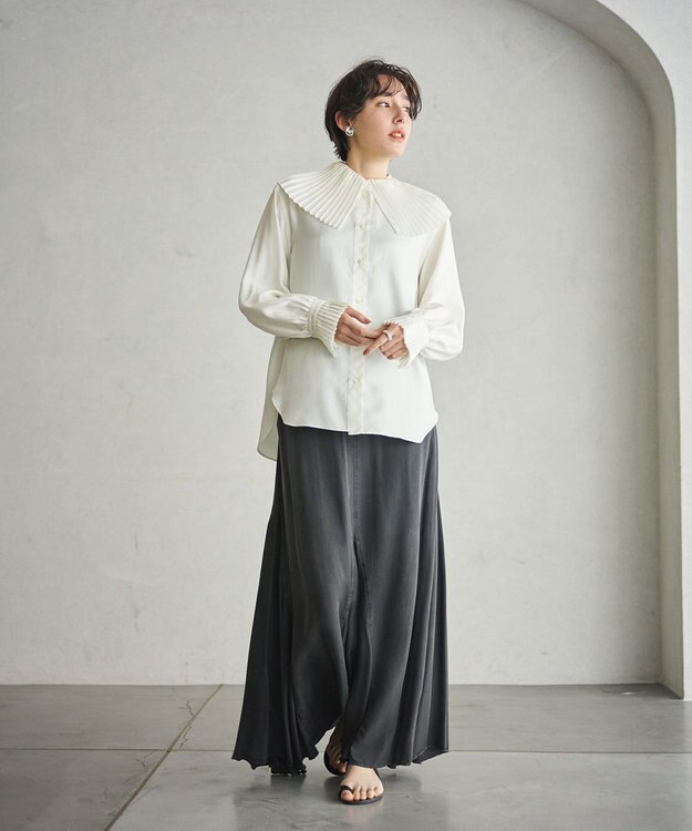 #Newans 【シワになりにくい/洗濯機可能】プリーツカラーブラウス ホワイト