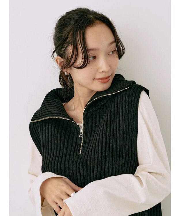 earth music&ecology ハーフジップニットベスト Black