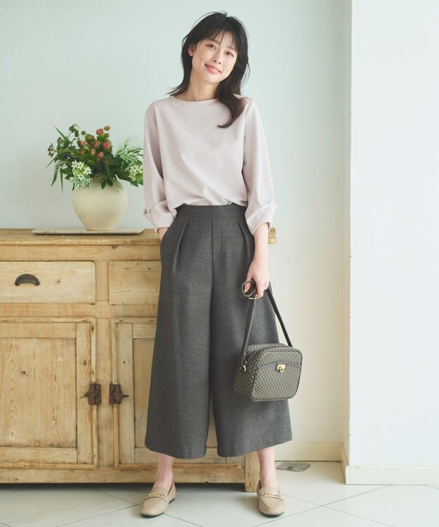 ANY 【洗濯機可能/ウエストゴム】ライトツイード ワイドパンツ ライトグレー