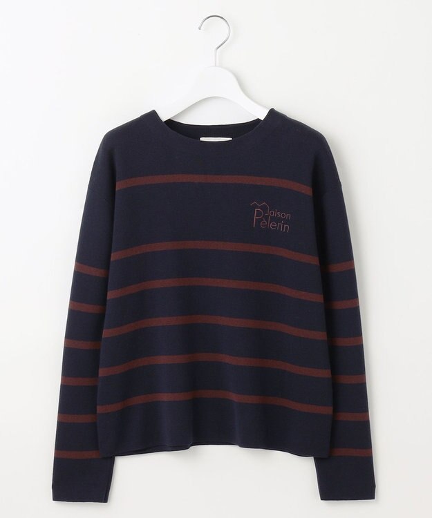 自由区 L コットンウールハイゲージボーダー ニット ネイビー×ボルドー