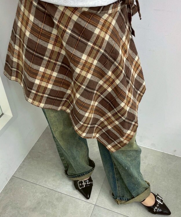 WEGO チェックラップスカート ブラウン