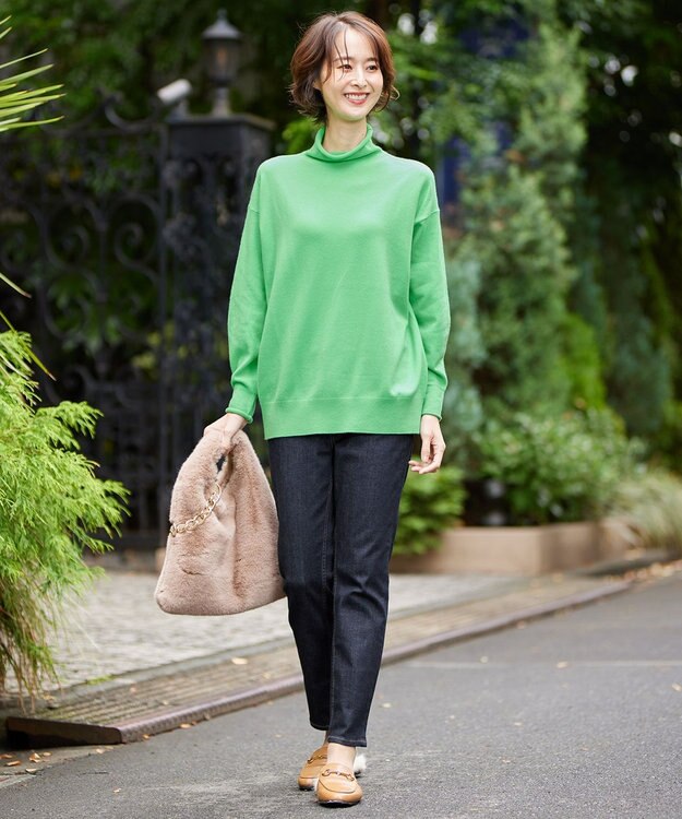 自由区 【洗える】ソフトウールハイゲージ ハイネックニット グリーン系