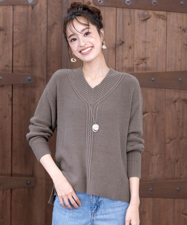 Tiaclasse L 【洗える】Vネック起毛ニットトップス モカ