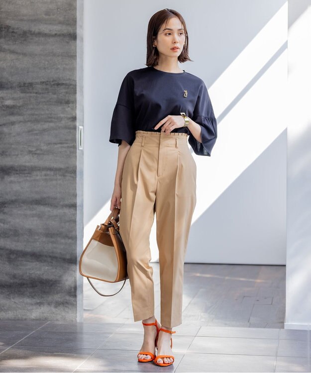 組曲 【汗ジミ防止・撥水】GIZAプレーティング天竺 袖フレア Tシャツ ブラック系