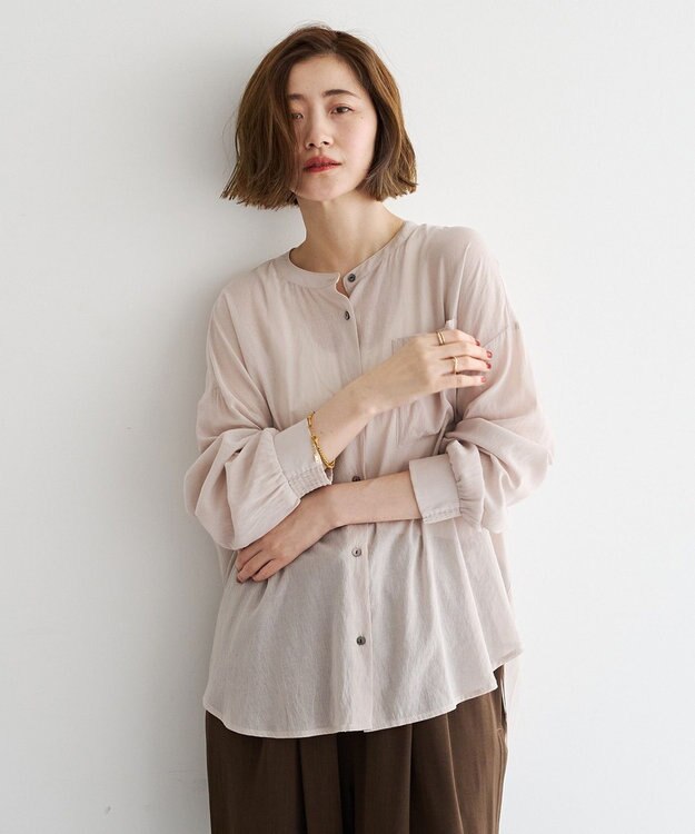 YECCA VECCA ドライタッチシアーバンドカラーシャツ Gray Beige