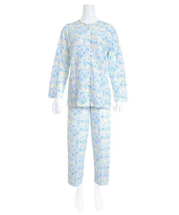 Wing 【数量限定　特別価格】 パジャマ 長袖 長ズボン 綿混(本体) キルトニット素材 保温性 あたたかい 前開きタイプ 丸首 レディース EP6912 ウイング／ワコール サックス