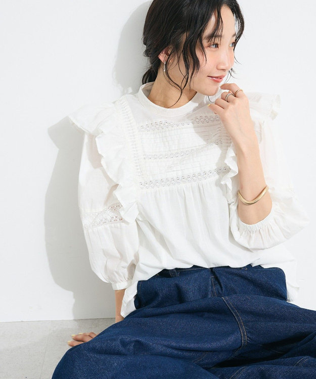 CRAFT STANDARD BOUTIQUE フリル使いマニーレースピンタックブラウス White