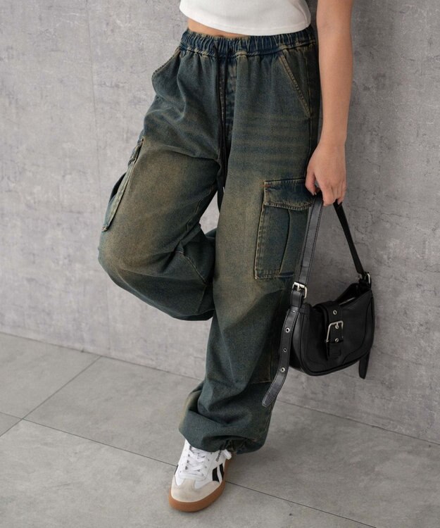 WEGO 【XS～Mサイズ展開/ウエストゴム 】デニムイージーパラシュートカーゴパンツ デニム中濃色