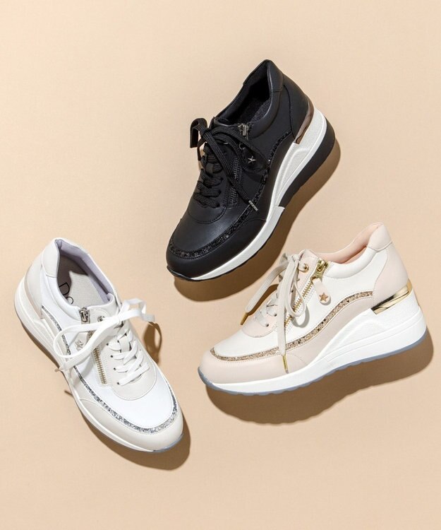 Dominic3 ヒールアップ グリッタートリム サイドジップスニーカー ブラック