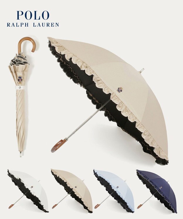 MOONBAT 【WEB限定/遮光率100%/遮熱/UV】POLO RALPH LAUREN（ポロ ラルフローレン）晴雨兼用日傘 ワンポイント ポロベア刺繍 フリル 長傘 ベージュ