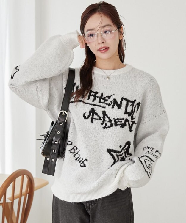 WEGO フラッフィーグラフィックBIGニットプルオーバー ホワイト