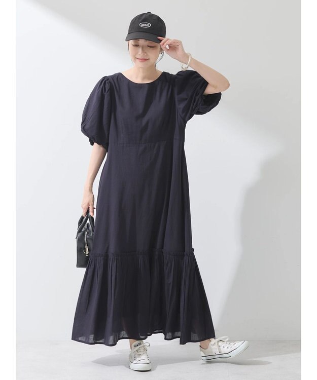 earth music&ecology コットンボイルパフスリーブワンピース Black