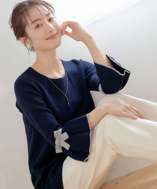 Tiaclasse L 【洗える】ミラノリブ編みのフレア袖ニットチュニック ネイビーグレー