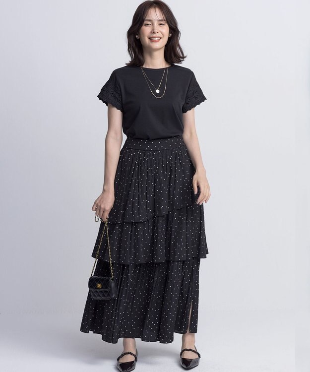 組曲 レーススリーブシルケット カットソー ブラック系